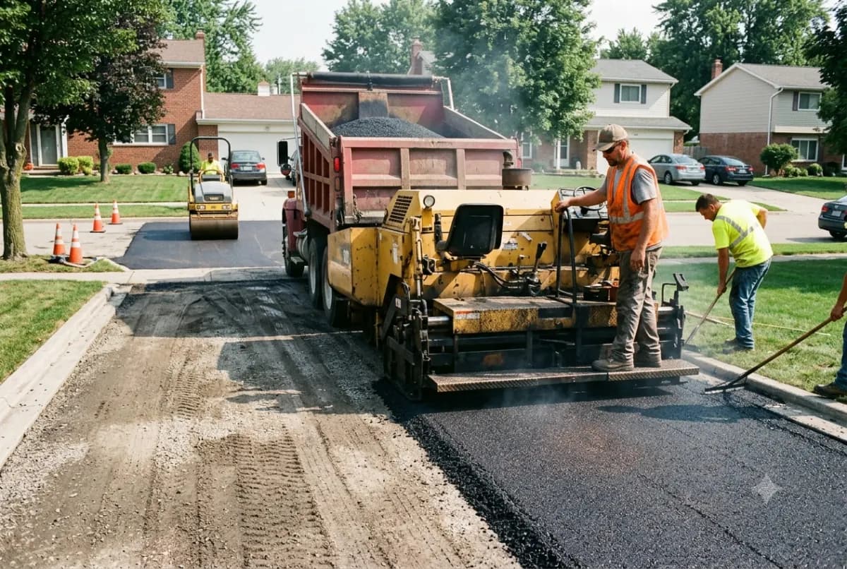 A paving crew laying fresh asphalt over a prepared base on a residential driveway