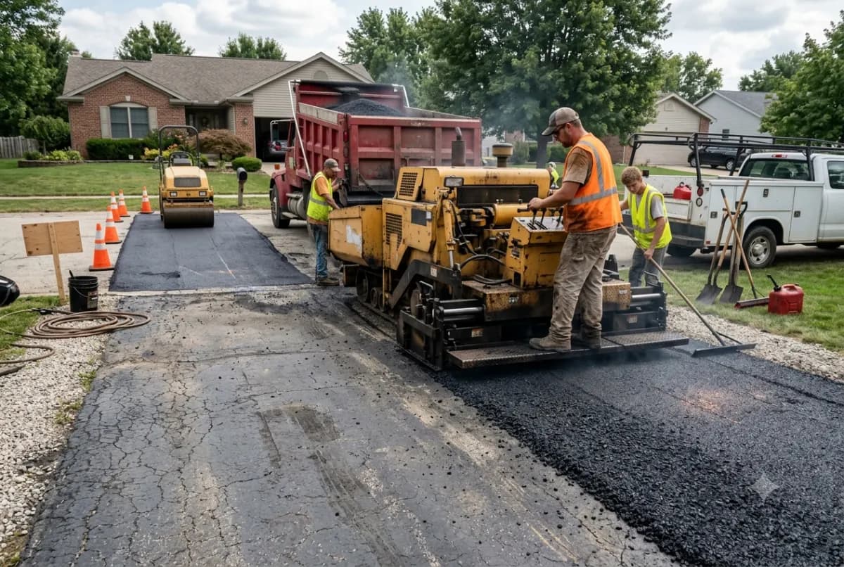A new asphalt layer going down over a cracked existing driveway