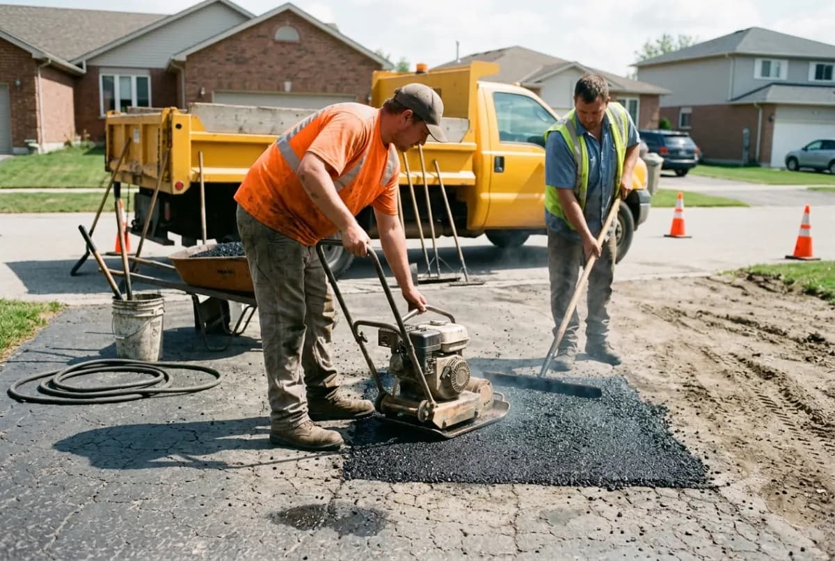 Two workers compacting a fresh asphalt patch with a plate compactor
