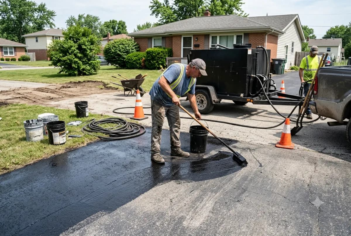 A freshly paved driveway with a smooth, dark, newly compacted surface